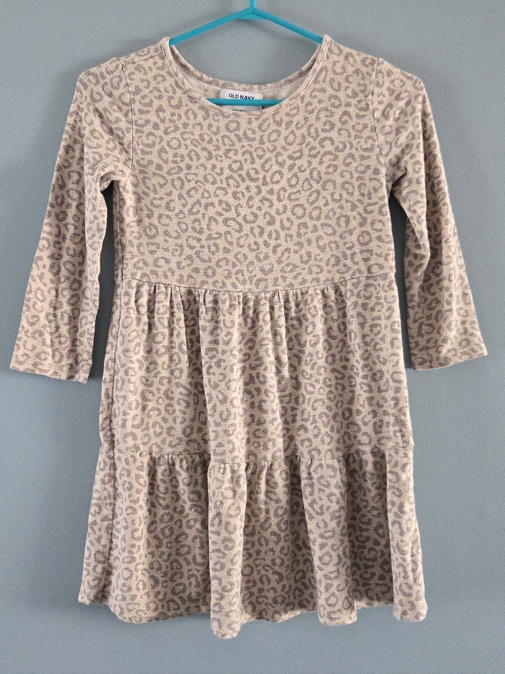 Old Navy Beige and Taupe Leopard Tiered Long-Sleeve Dress Girls Medium
